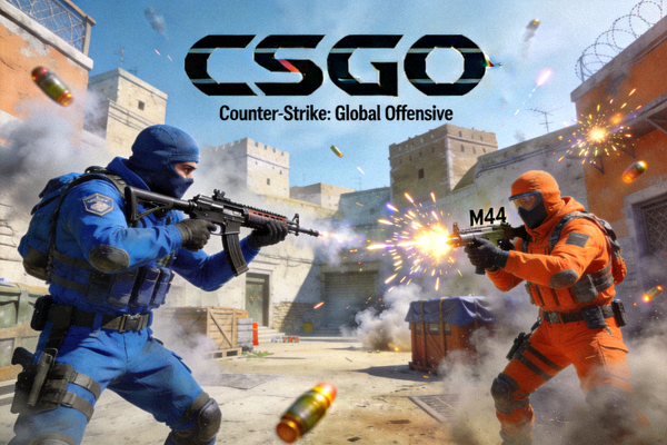 CSGO游戏封面展示反恐精英与恐怖分子在地图中对战场景
