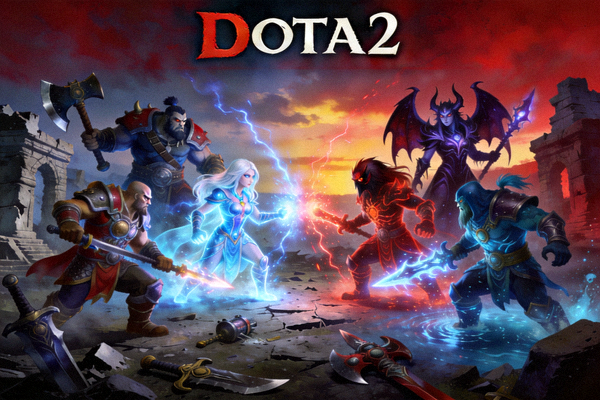 DOTA2游戏封面展示天辉与夜宴英雄在遗迹战场对决场景